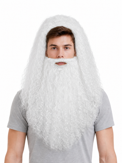 Front view showing the white curly wig framing the face and the long beard covering the chest