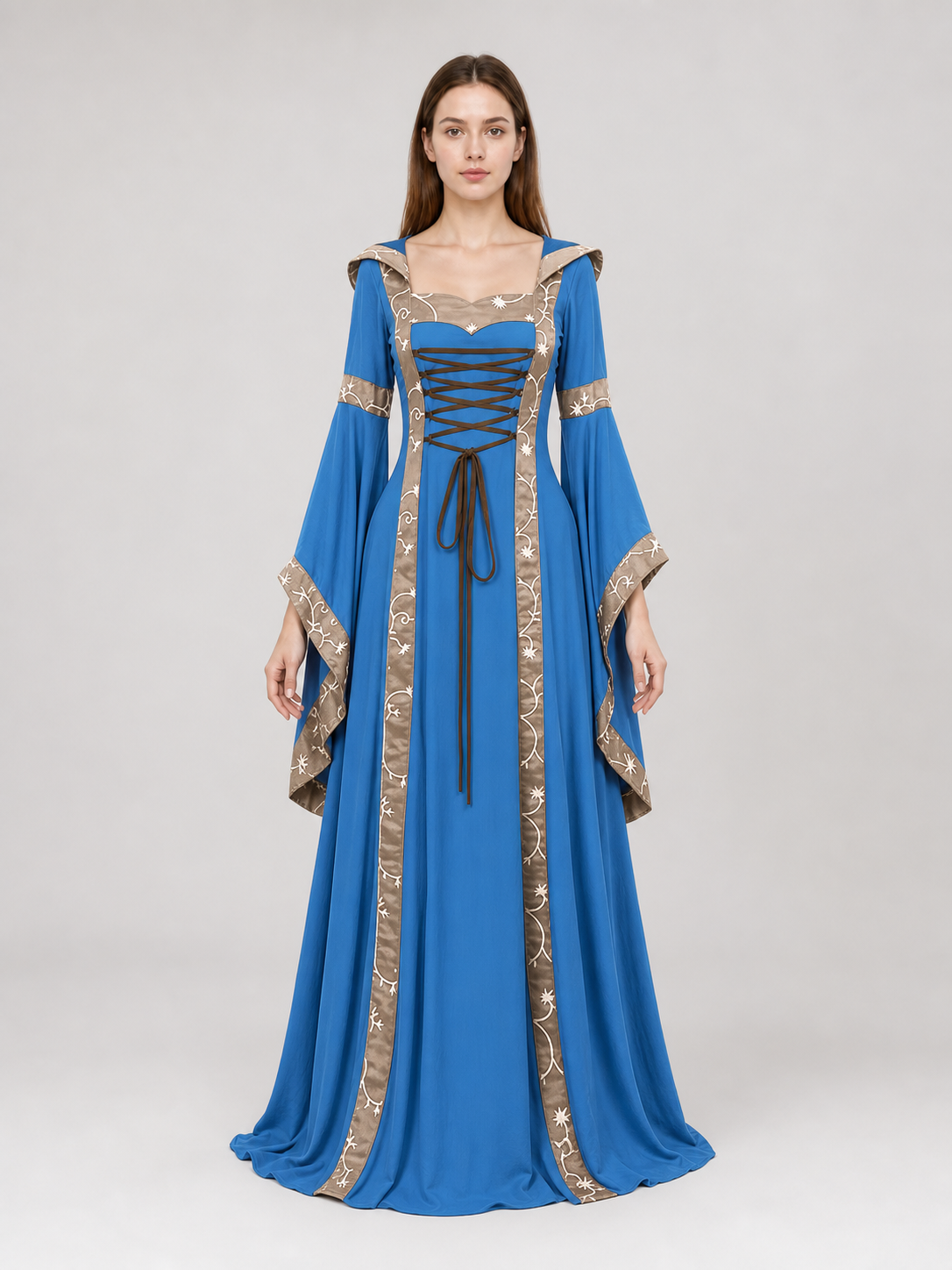 Medieval Hooded Dress with Lace-Up Detail