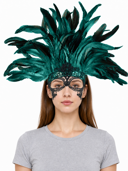 1pc Green Feather Headpiece With Black Lace Eye Mask, Exaggerated Party Style front view