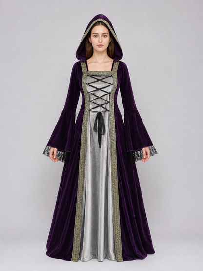 The dress is designed in a Gothic medieval style and features a costume design in deep purple with silver-gray and black accents. The design includes an attached pointed hood, flared bell sleeves, and a flowing skirt. The front of the bodic