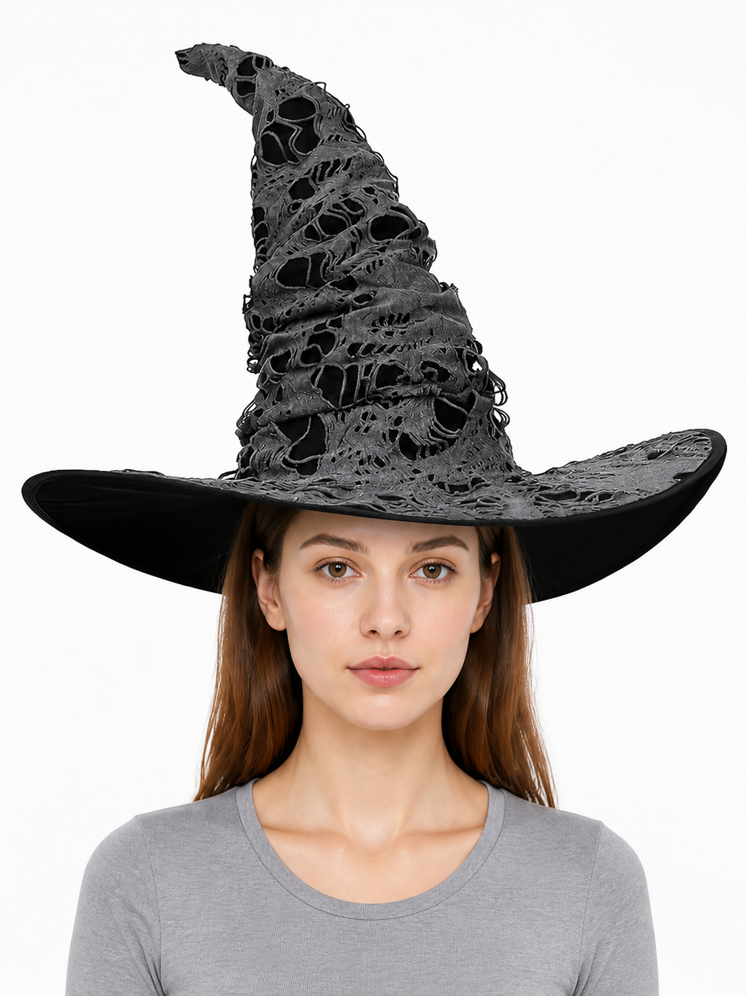 Gray Black Halloween Witch Hat For Women Wide Brim Curved Pointed Tattered Torn front view