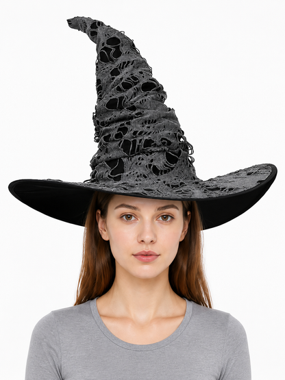 Gray Black Halloween Witch Hat For Women Wide Brim Curved Pointed Tattered Torn front view