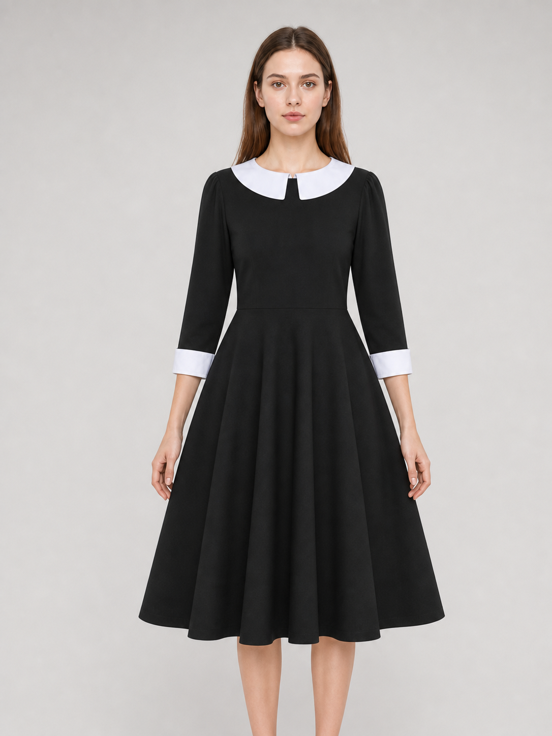 Black Wednesday-style dress with a white collar front view
