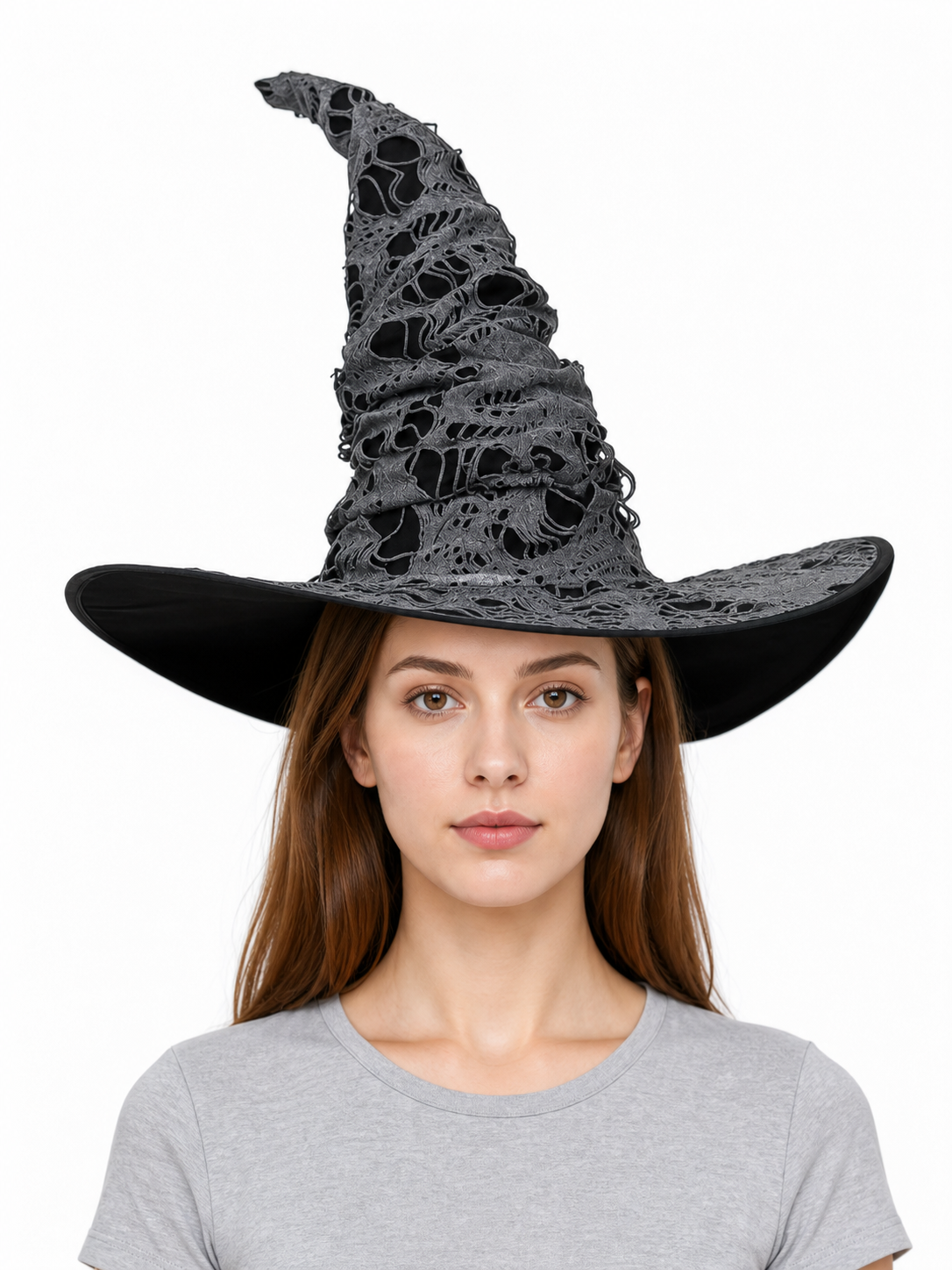 Gray Black Halloween Witch Hat For Women Wide Brim Curved Pointed Tattered Torn