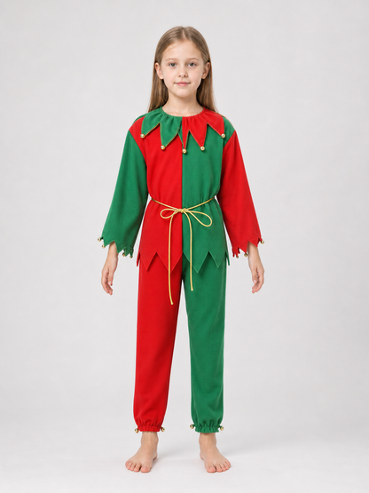 Children's Christmas elf costume in a festive red-and-green design with gold and yellow trim. The set includes a pointed hat with a curled tip and small dangling decorative elements, a long-sleeve top, pants, a gold tie belt for the waist, 