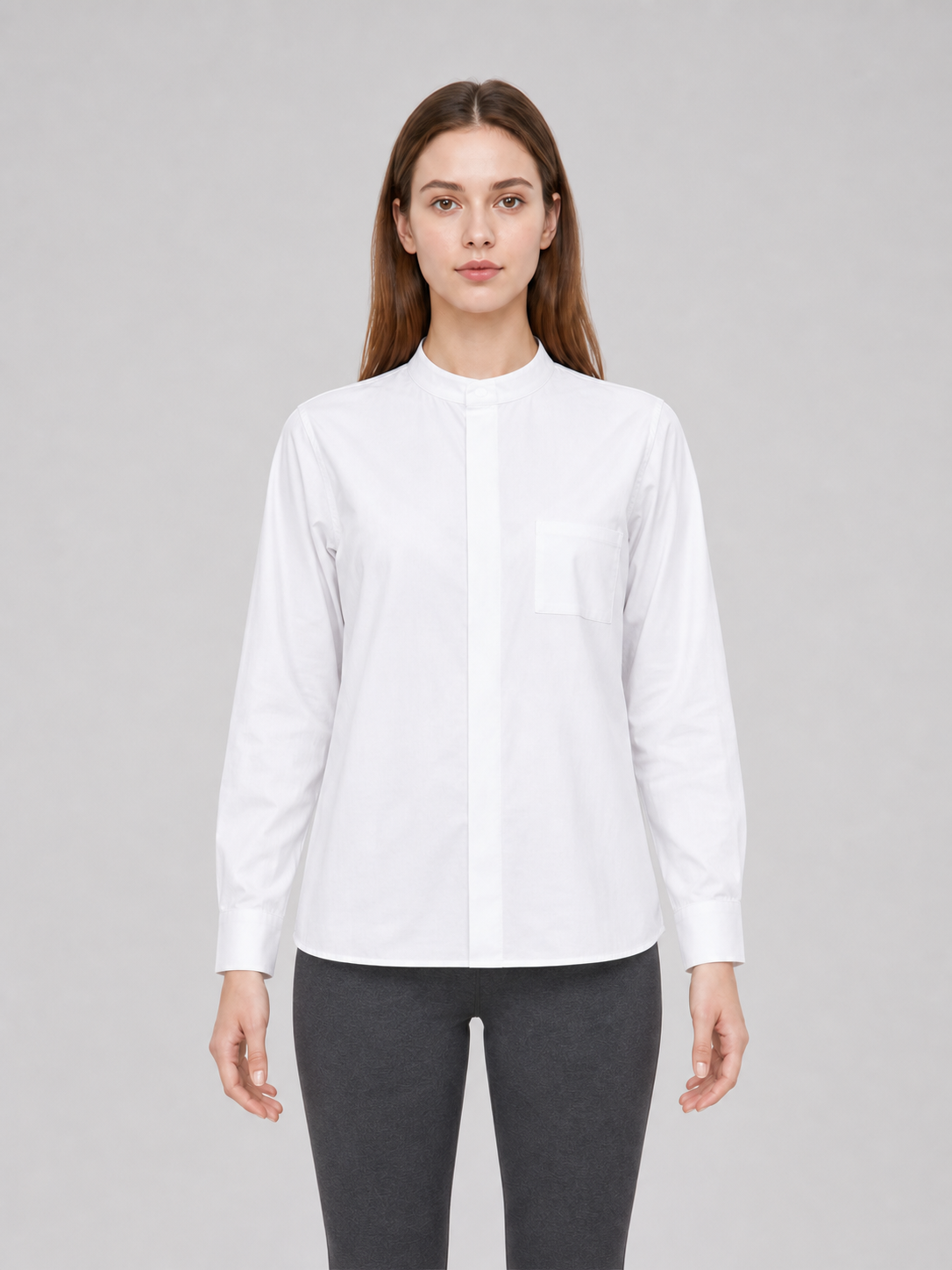 White Stand-Collar Shirt with Chest Pocket