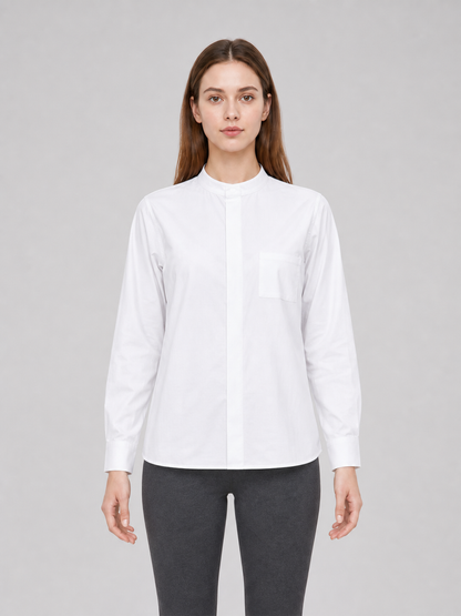 White Stand-Collar Shirt with Chest Pocket
