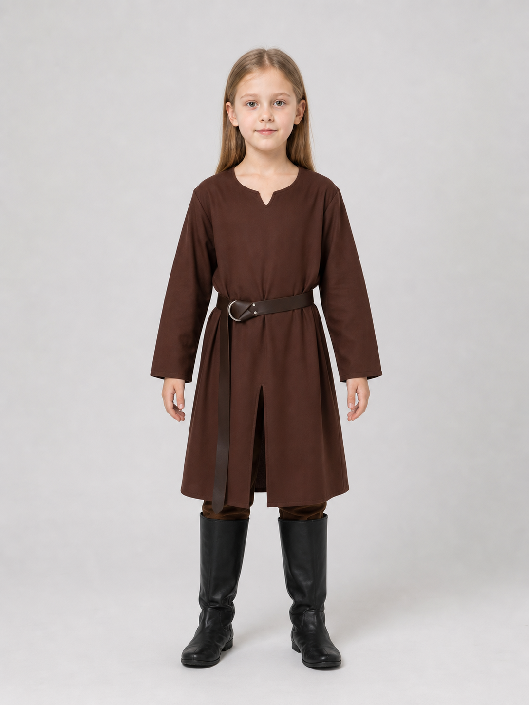 Front view of a child wearing a brown long-sleeve tunic with belt, matching pants, and tall black boots