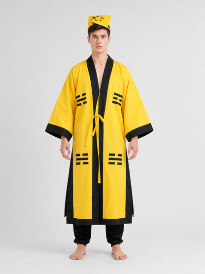 Yellow Taoist costume with black trim and hat