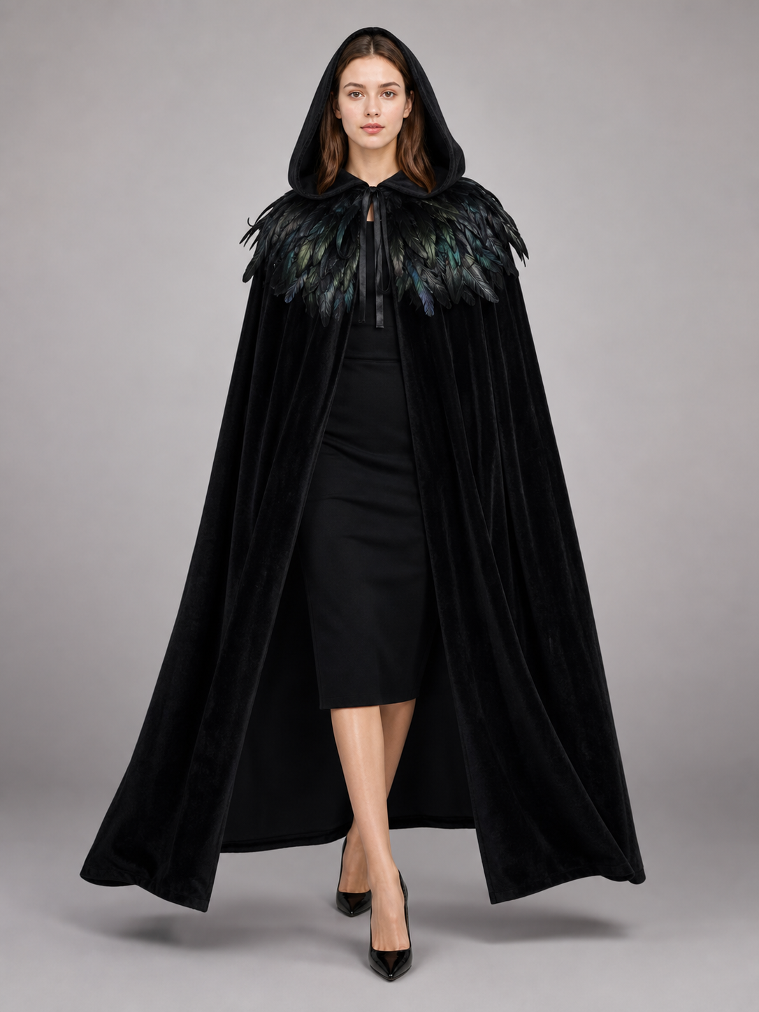 Black Velvet Hooded Cape with Feathers