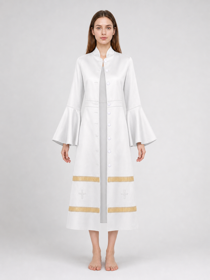 Long clergy robe with collar, buttons, and trim front view