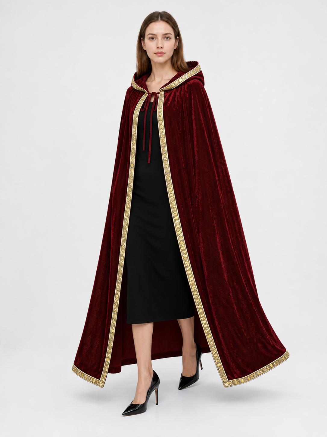 Burgundy Hooded Costume Cloak, Velvety Texture