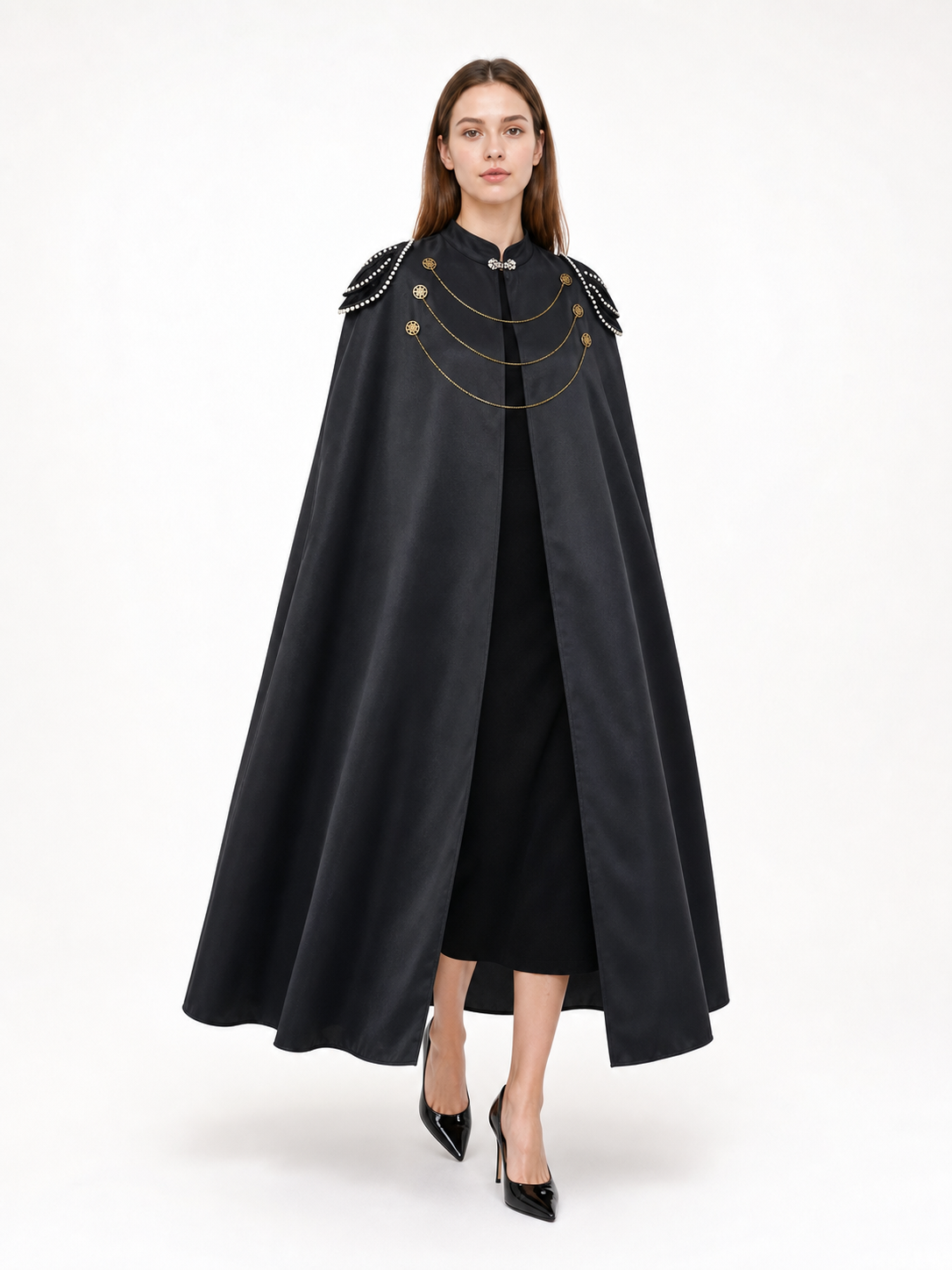 Black Decorative Hooded Costume Cloak