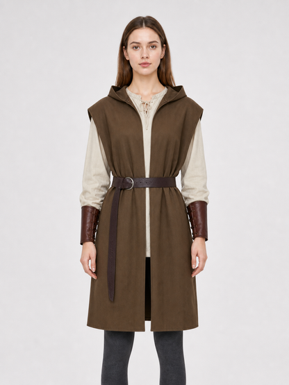 Front upper-body view of a brown hooded vest with an open front, dark belt, and cream long-sleeve shirt
