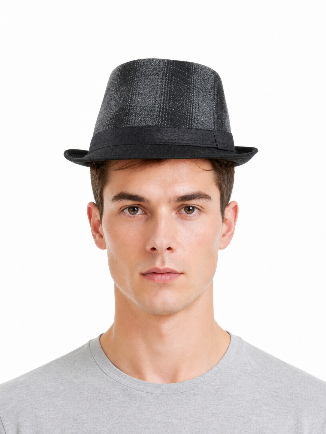 Men’s gray plaid carnival fedora hat
