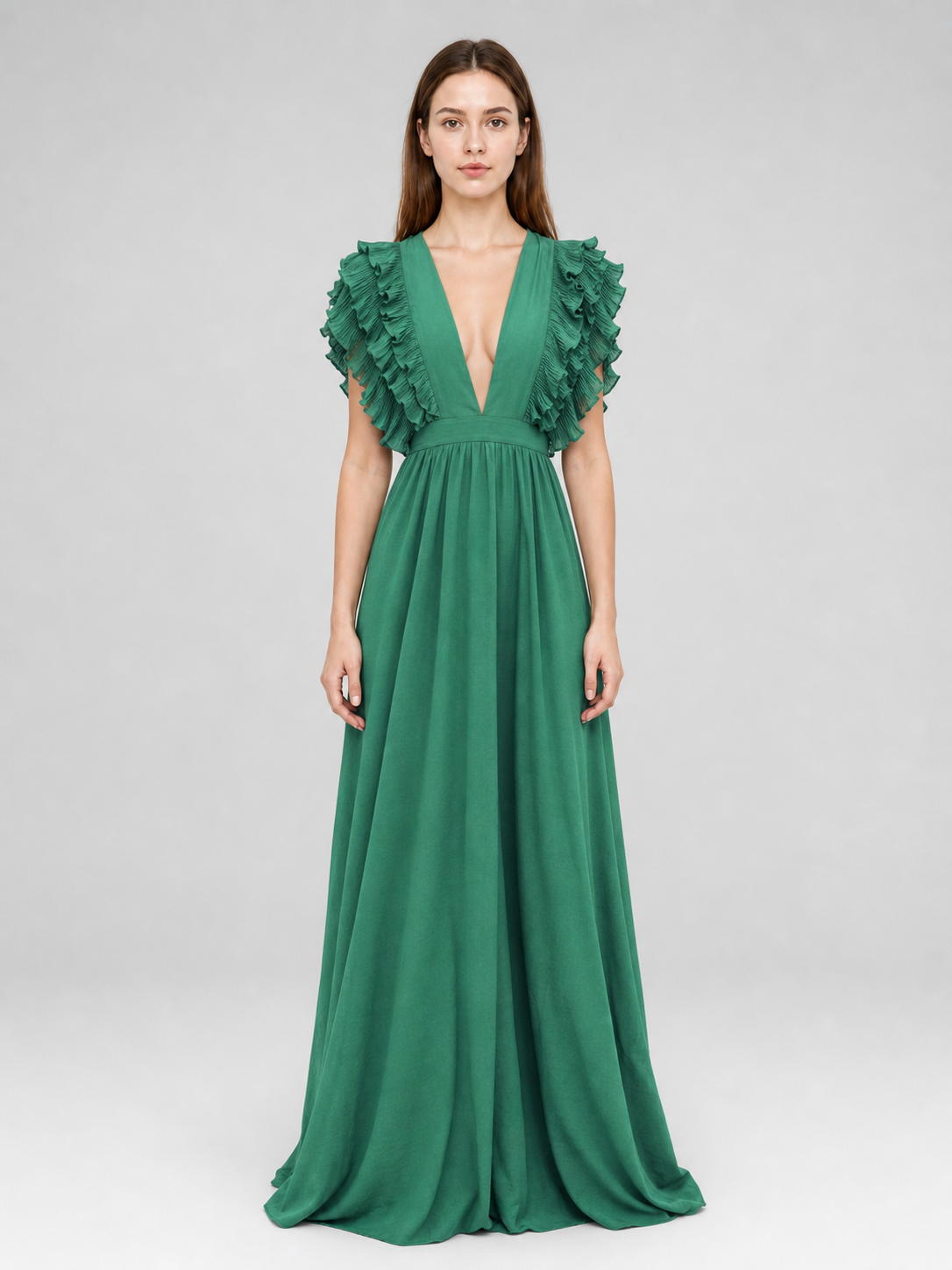 Emerald Green Maxi Dress with a V-Neckline