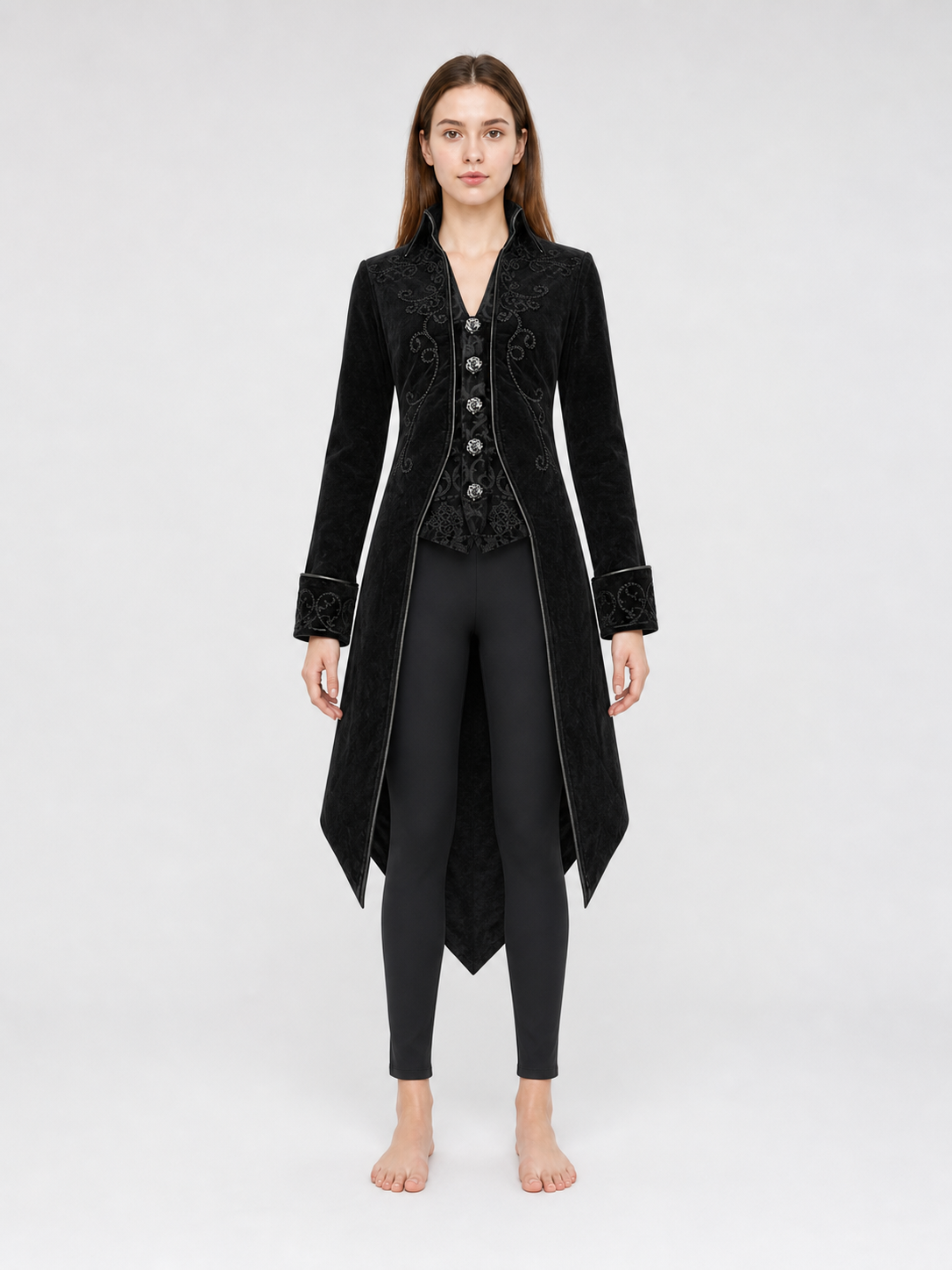 Black embroidered coat with a stand-up collar and pointed tails