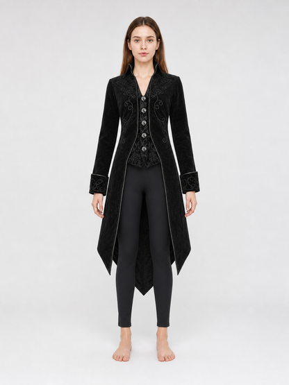 Black embroidered coat with a stand-up collar and pointed tails