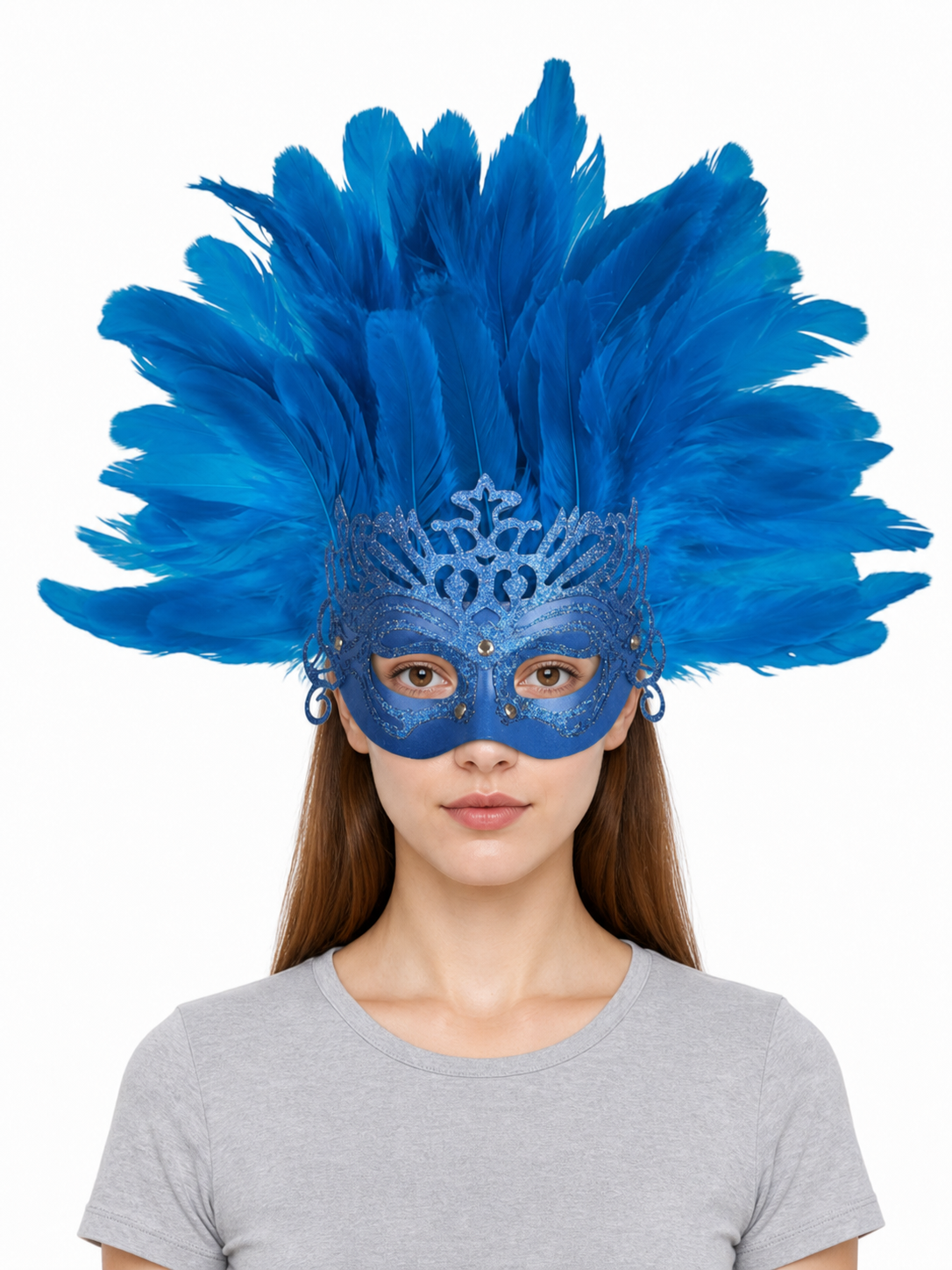 Carnival Mask with Blue Feathers and Glitter