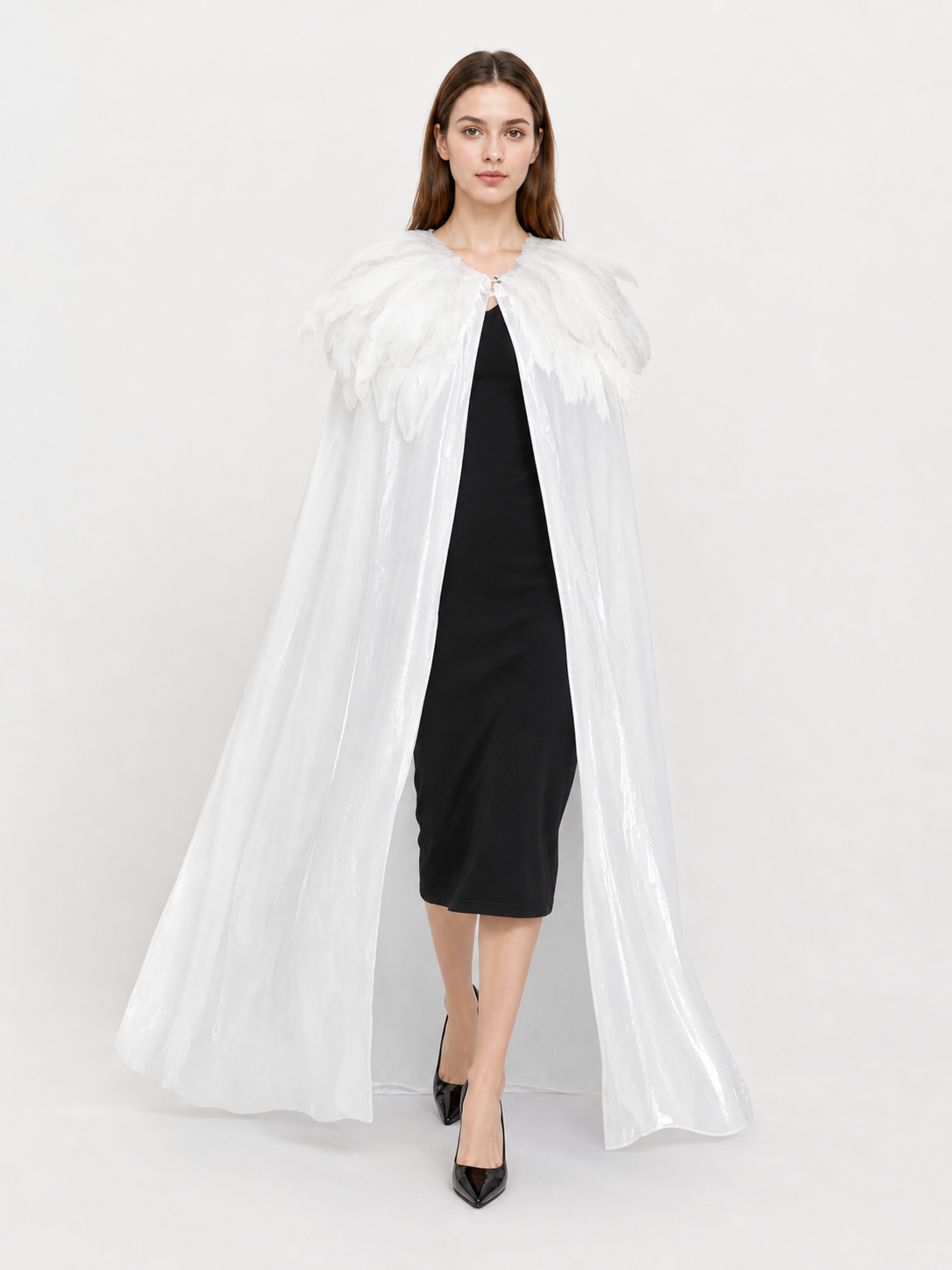 White Velvet Cape with Feather Trim, Maxi