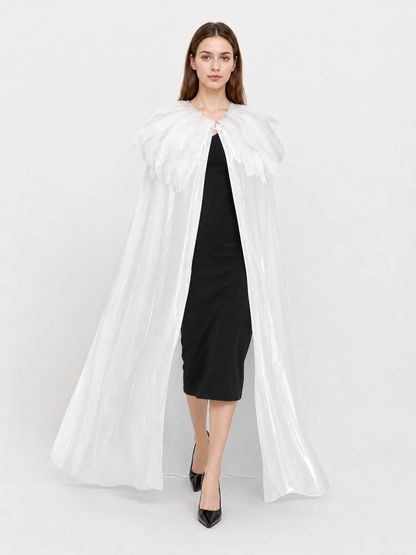 White Velvet Cape with Feather Trim, Maxi