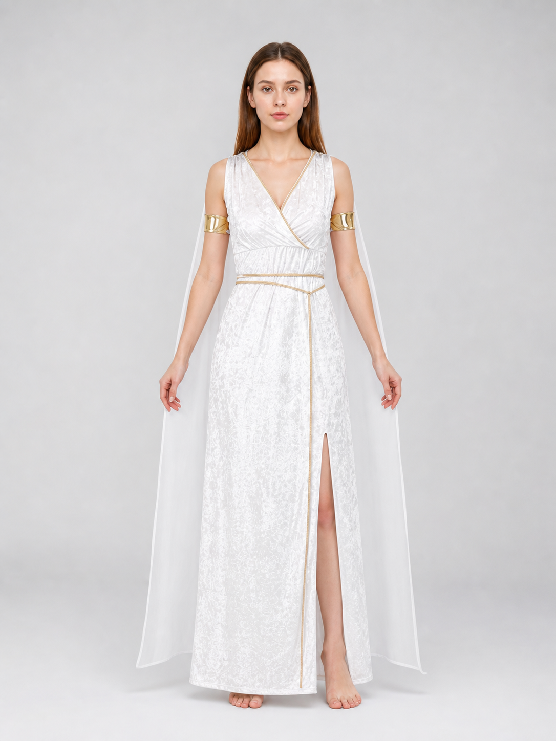 White long Greek-style dress with a high slit