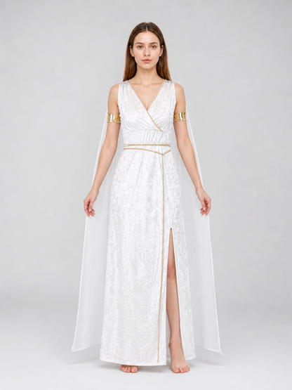 White long Greek-style dress with a high slit