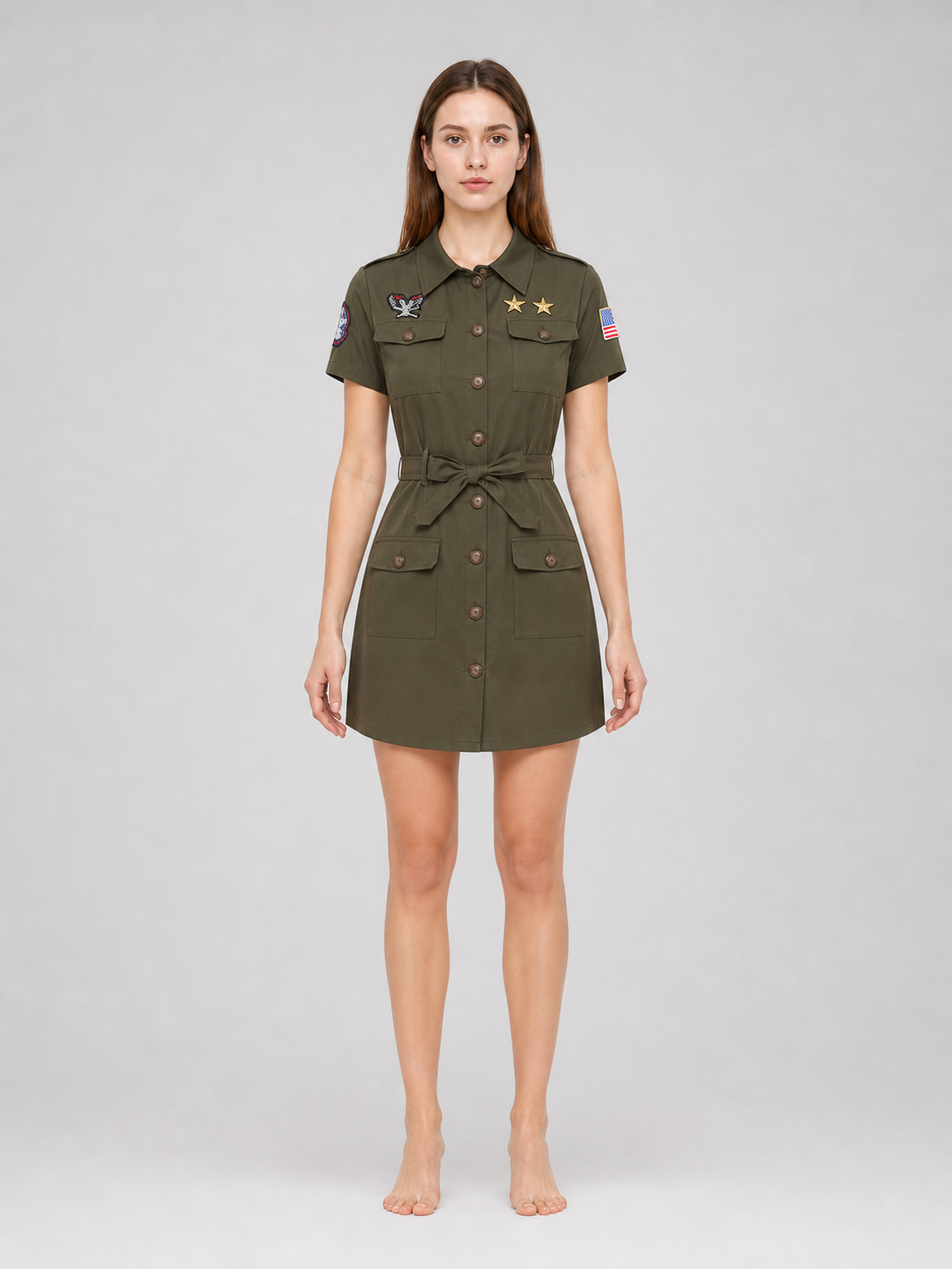 Military-style costume dress with belt and gloves