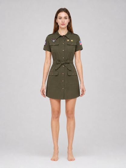 Military-style costume dress with belt and gloves