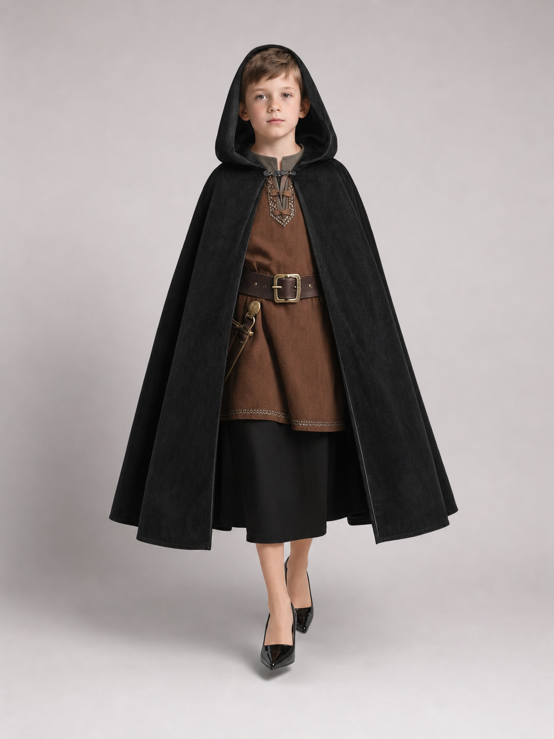 Black medieval hooded carnival cloak
