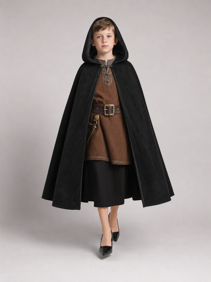 Black medieval hooded carnival cloak