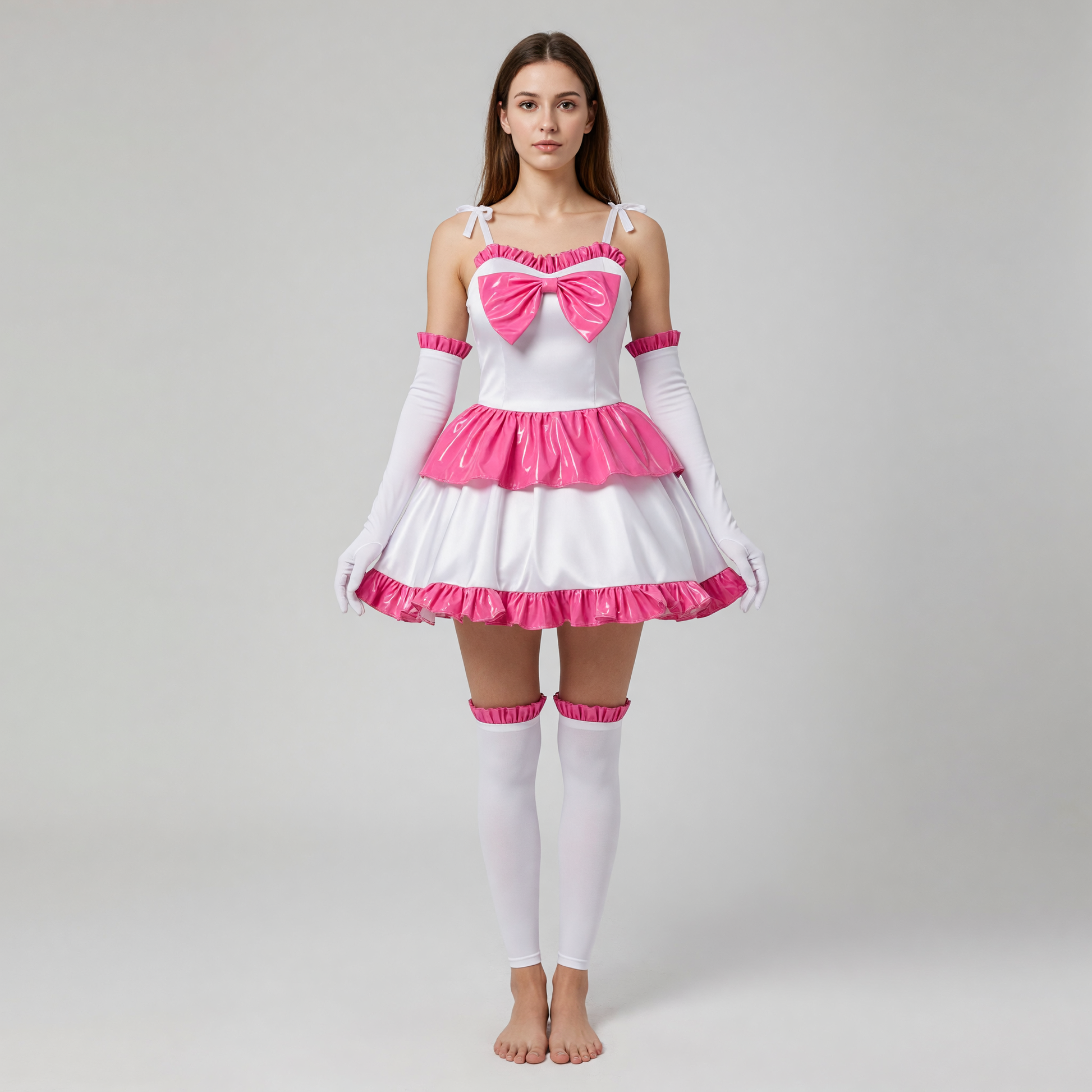 White Mima cosplay dress with pink ruffles and a bow