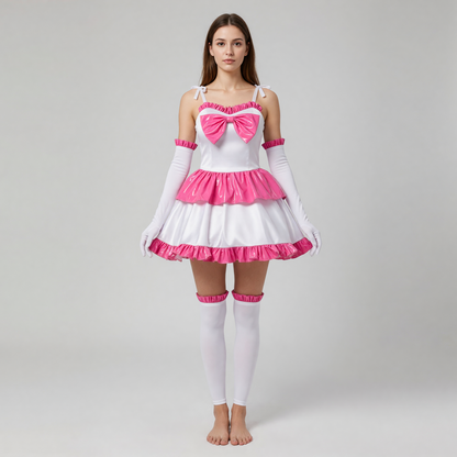 White Mima cosplay dress with pink ruffles and a bow