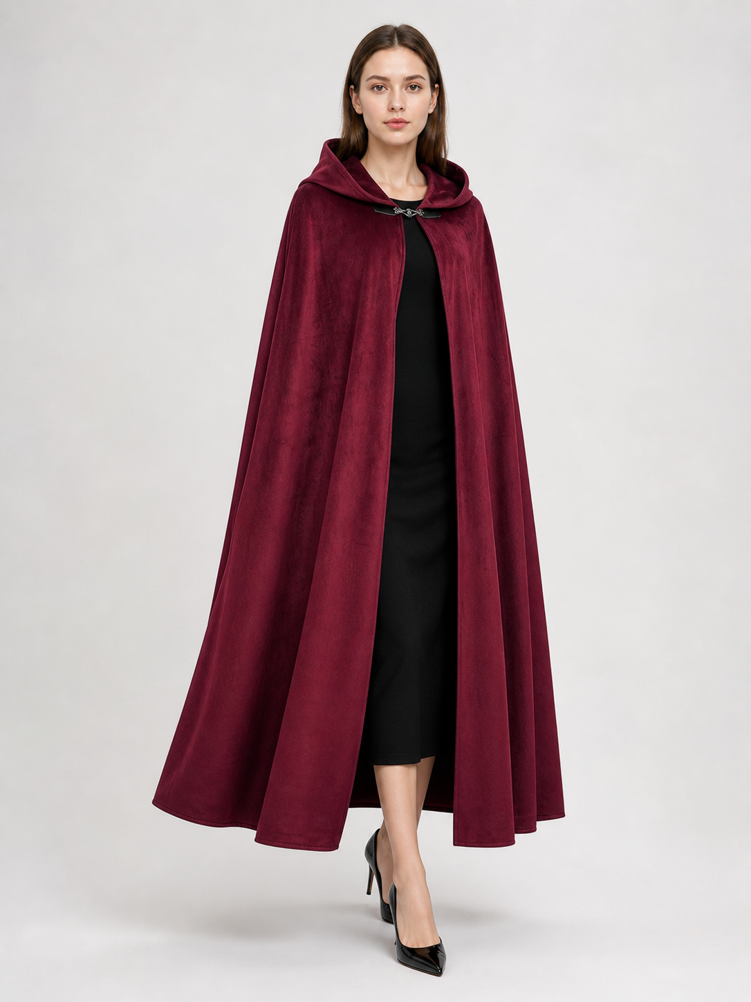 Long burgundy carnival cloak with hood