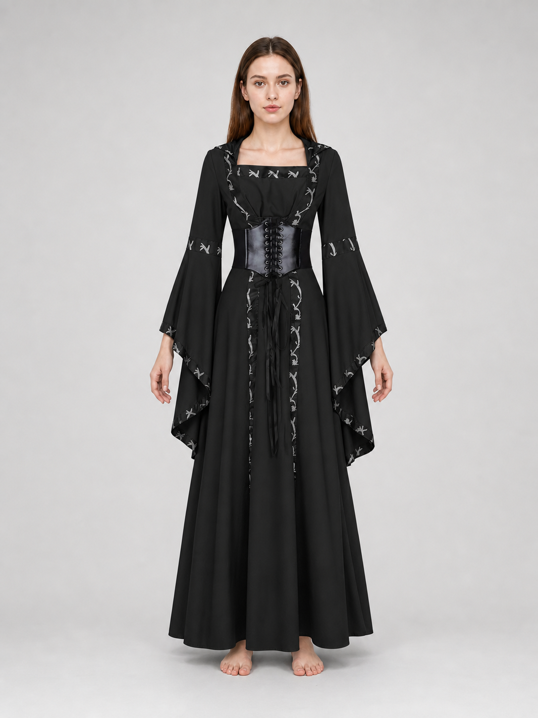 Gothic Long Hooded Dress with Lacing