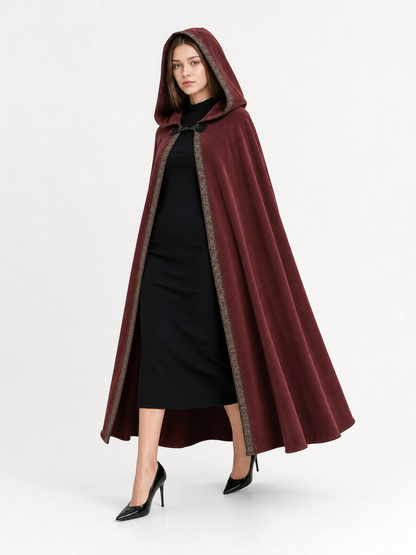 Carnival burgundy hooded cloak with trim