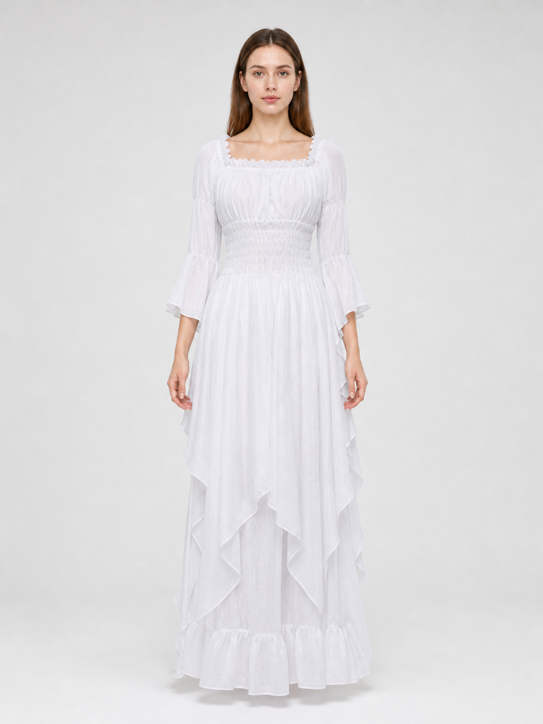 Long Dress with Lace Sleeves and Ruffles