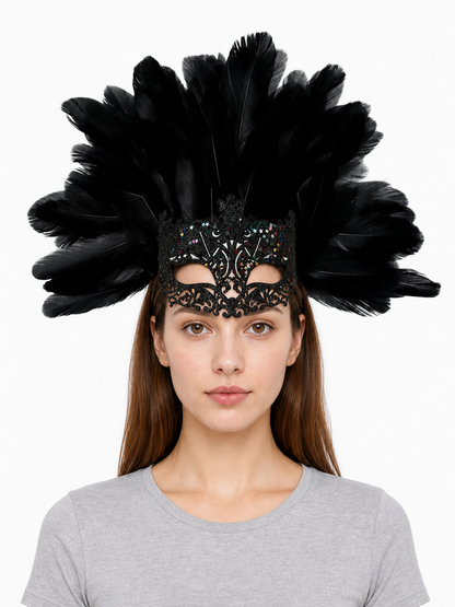 Masquerade Mask with Black Feathers and Glitter