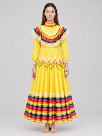 Costume dress with ruffles and rainbow trim