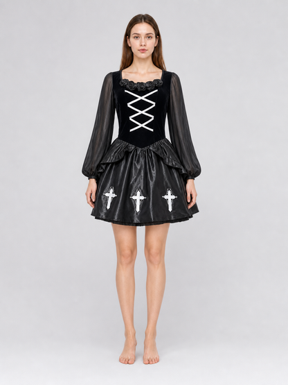 Gothic Dress with Gloves, Collar, and Headband