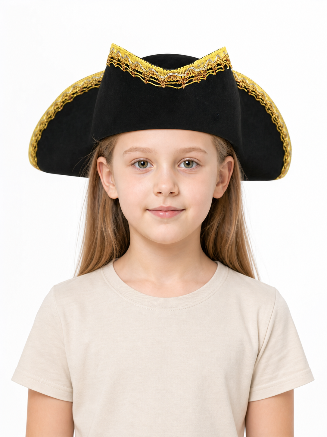 1pc Children's Pirate Hat, Black Wide Brim Pirate Costume Hat with Gold Decorative Trim, Tall Crown for Dress-Up Play and Costume Parties