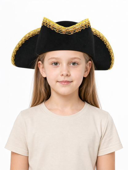 1pc Children's Pirate Hat, Black Wide Brim Pirate Costume Hat with Gold Decorative Trim, Tall Crown for Dress-Up Play and Costume Parties