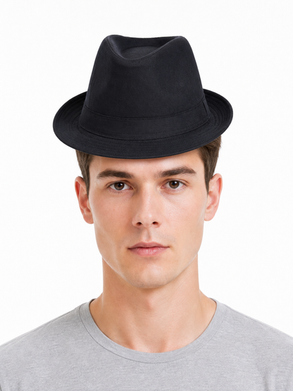Black carnival fedora hat with a wide brim