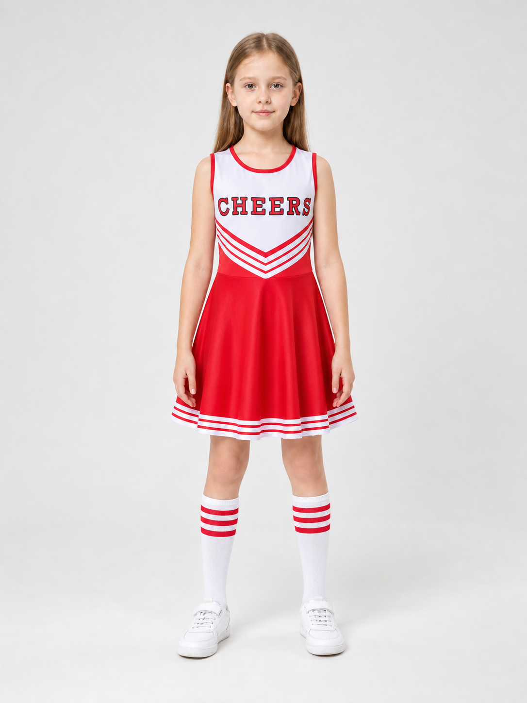 Cheerleading Costume: Dress, Leg Warmers, and Pom-Poms