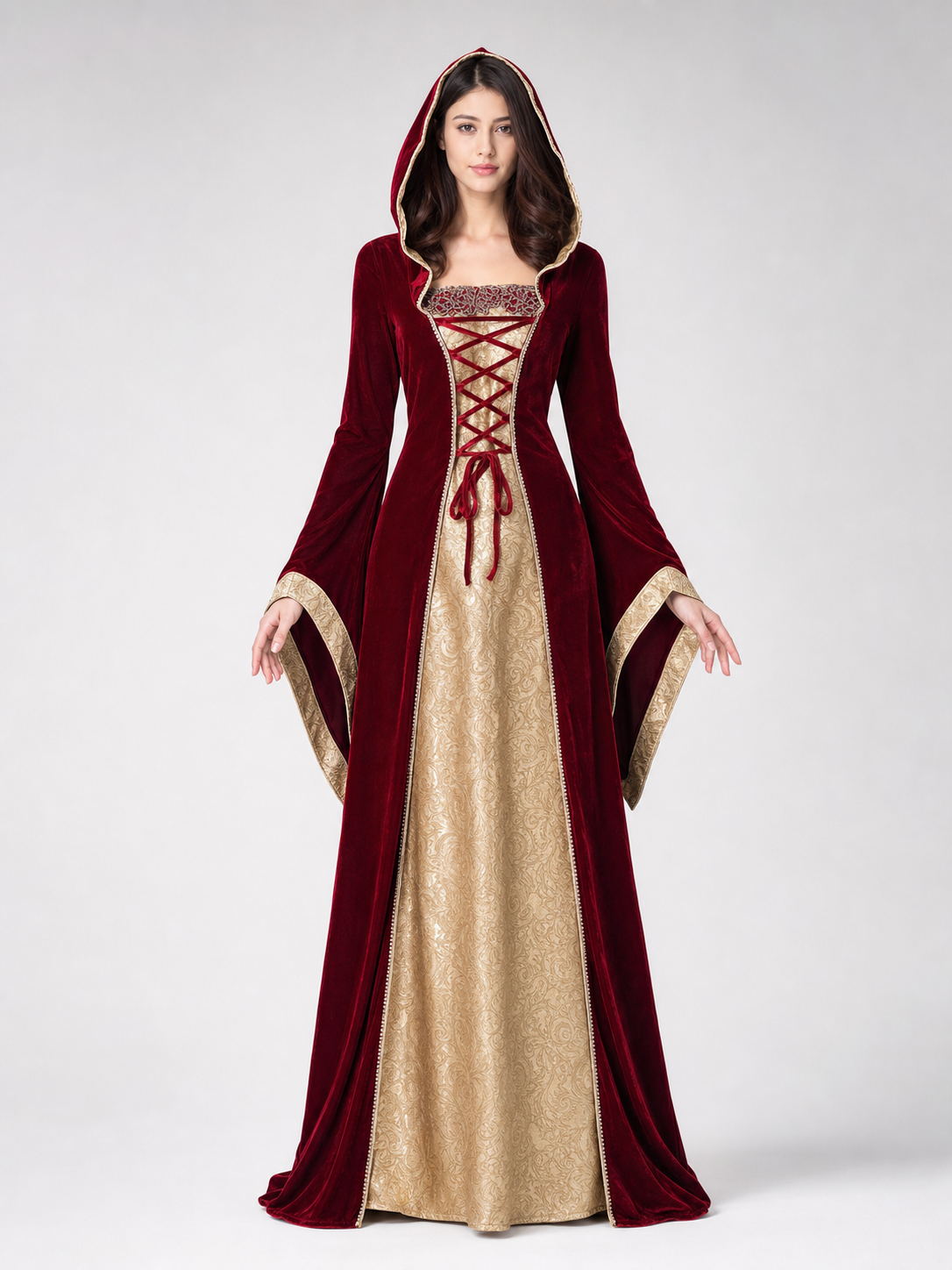 Red carnival dress with hood and lacing