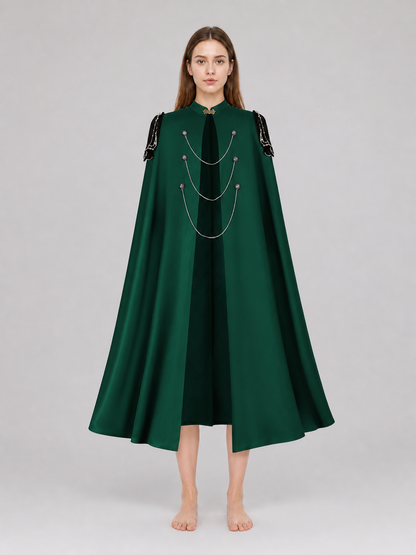 Medieval Gothic Cape Cloak, 1-Piece Sleeveless Stand Collar Front-Open Draped Costume With Metal Chain Details For Cosplay Role Play