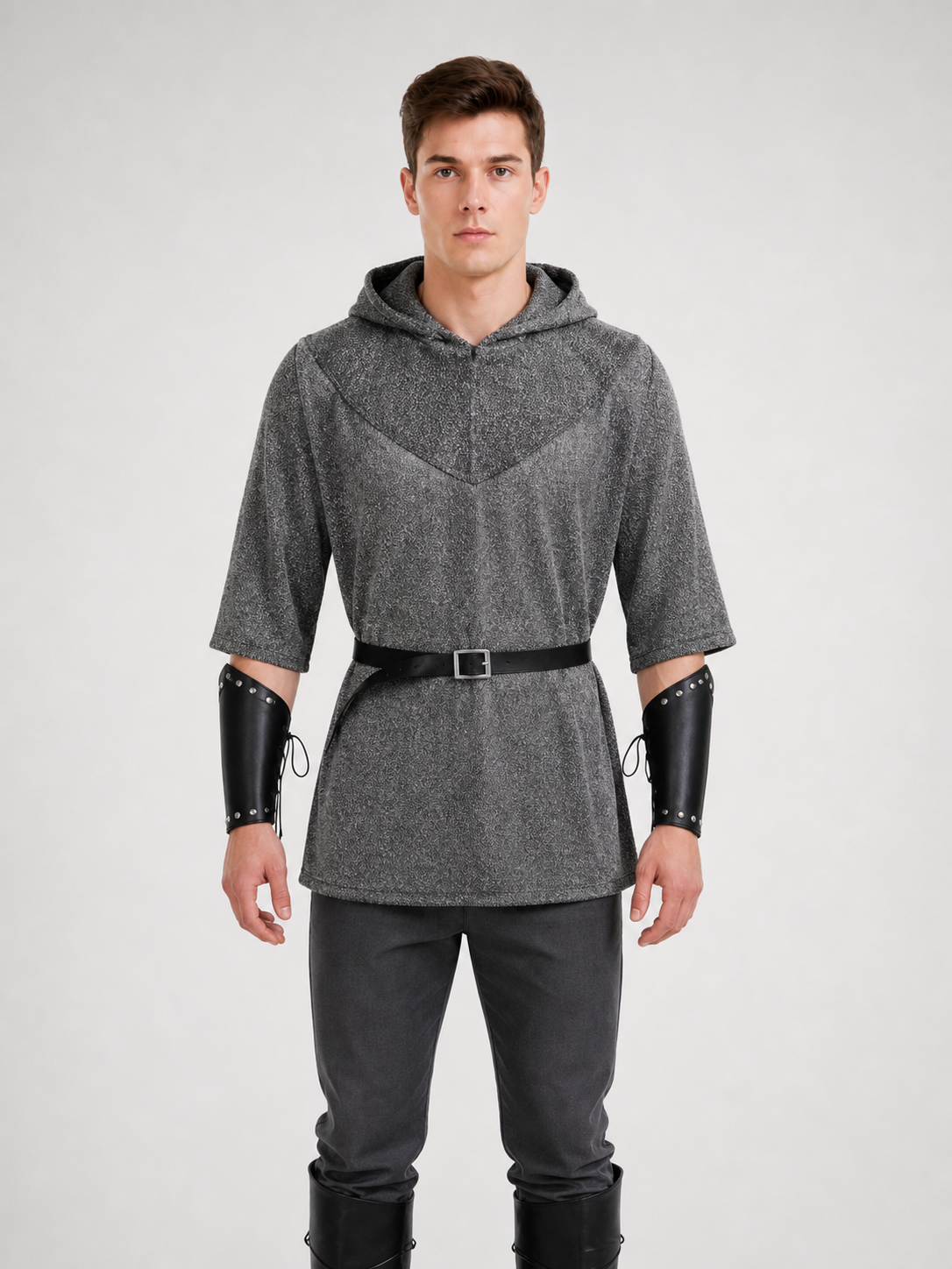Medieval Warrior Cosplay Costume Set, 6-Piece Hooded Top, Pants, Boots, Arm Guards, Leg Guards And Sword For Role Play Performance