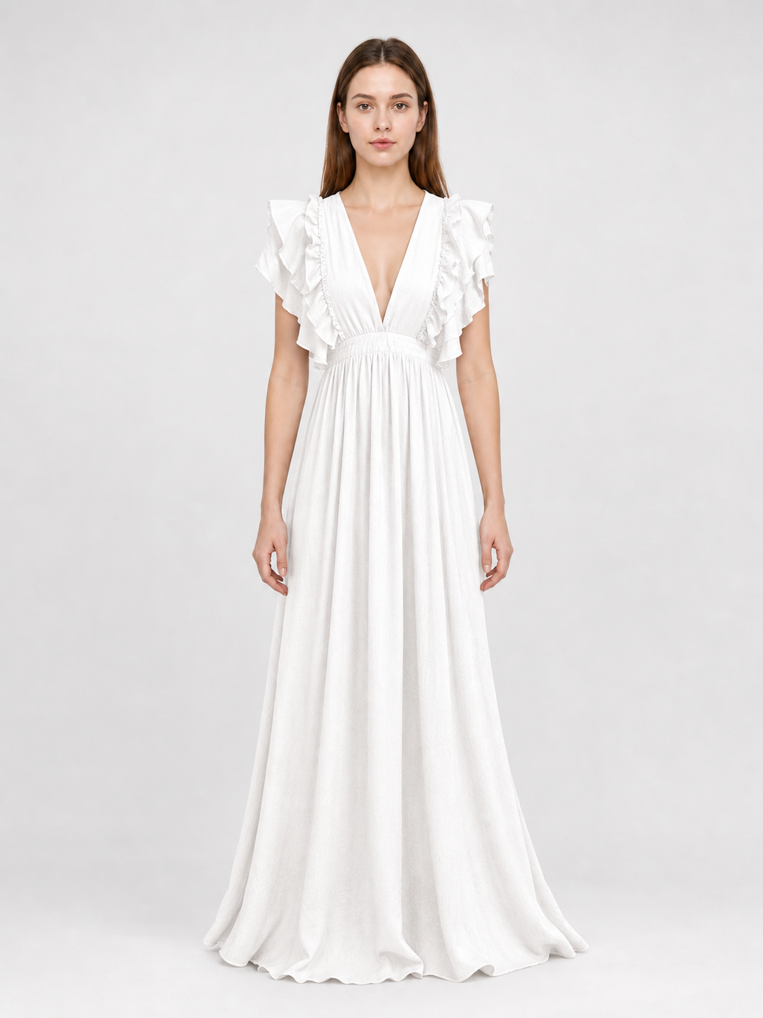 White Floor-Length Dress with a V-Neckline and Ruffled Sleeves