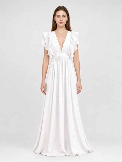 White Floor-Length Dress with a V-Neckline and Ruffled Sleeves