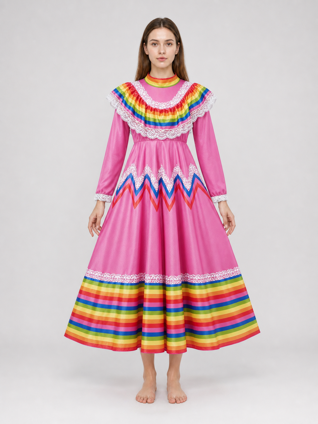 Folkloric Dress with a Full Skirt and Lace